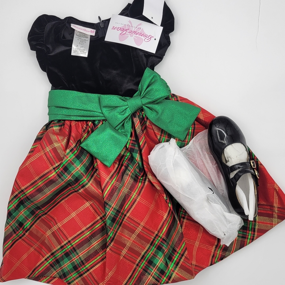 Bonnie Jean holidays dress sz 3T and Otter Momo black shoe sz 12